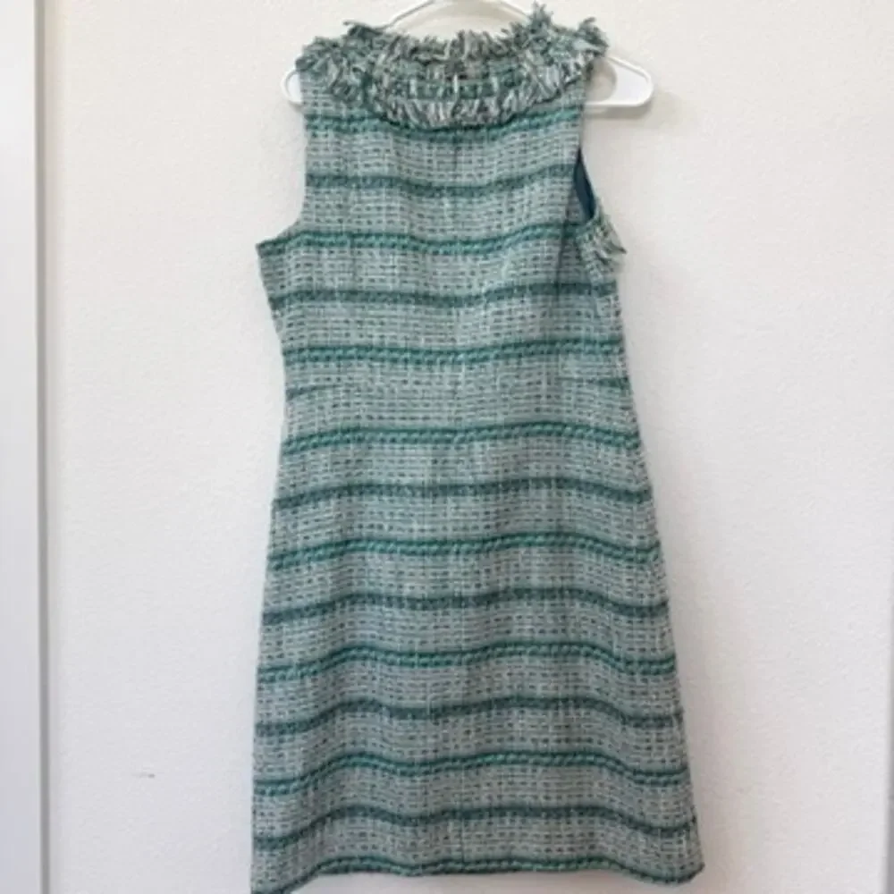 TORY BURCH Bouclé Tweed‎ Mini Dress Green Fringe Trim Sleeveless Pockets Sz 8
